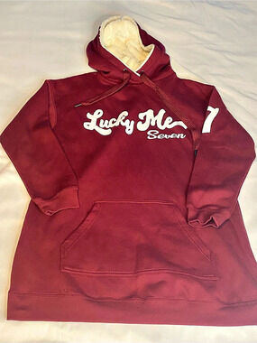 Womans Lucky Me Seven Faux Fur Hoodie in Burgundy Size Large NWT Size Large